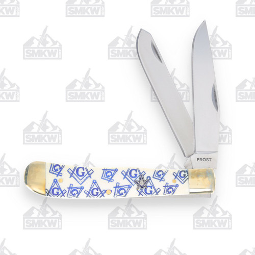 Frost Masonic Trapper Folding Knife Blue Compass On White Smooth Bone Handle FRMAS108WB